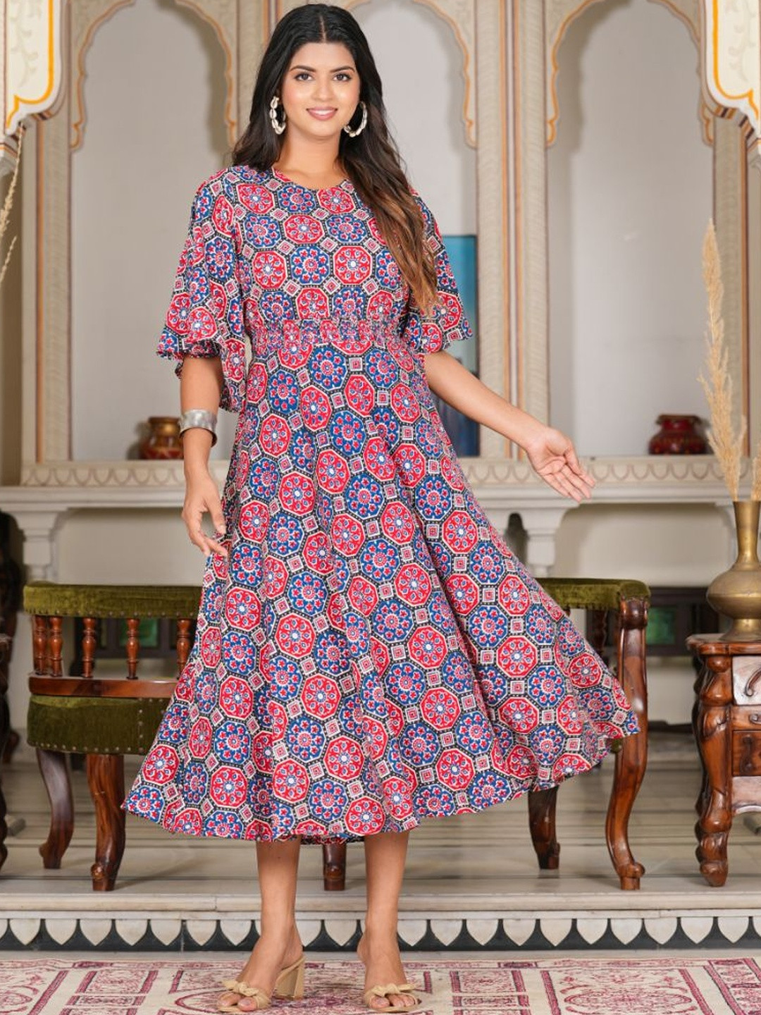 KALINI Floral Printed Smoking A-Line Dress