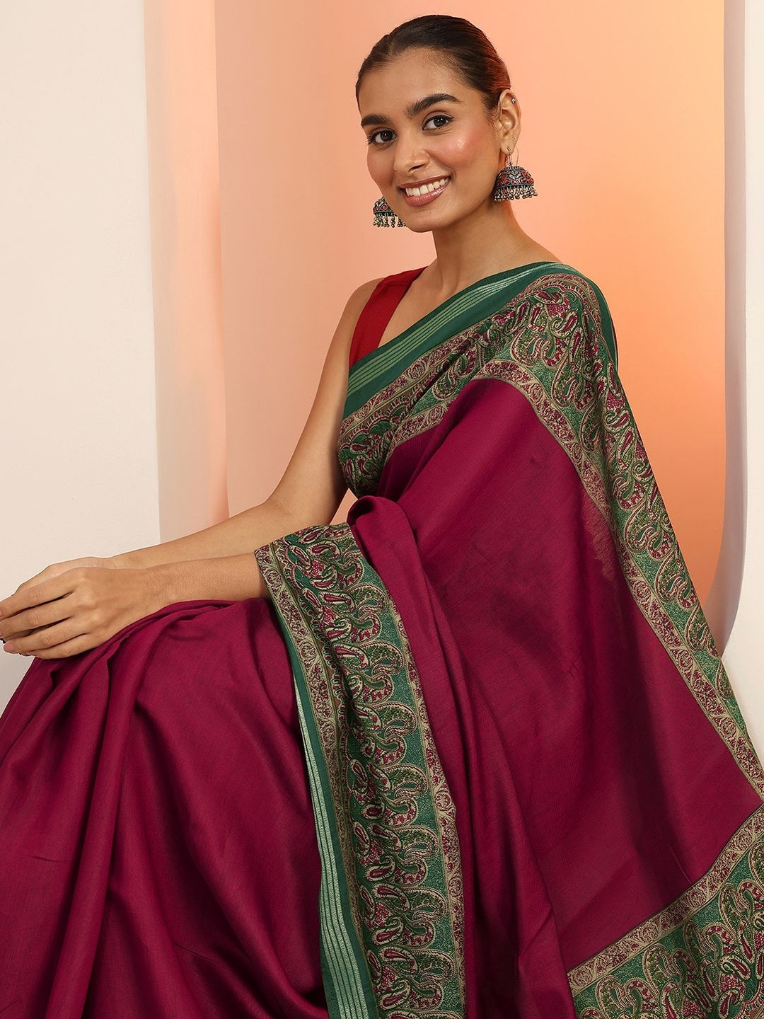 Libas Maroon Saree With Paisley Printed Border And A Blouse Piece
