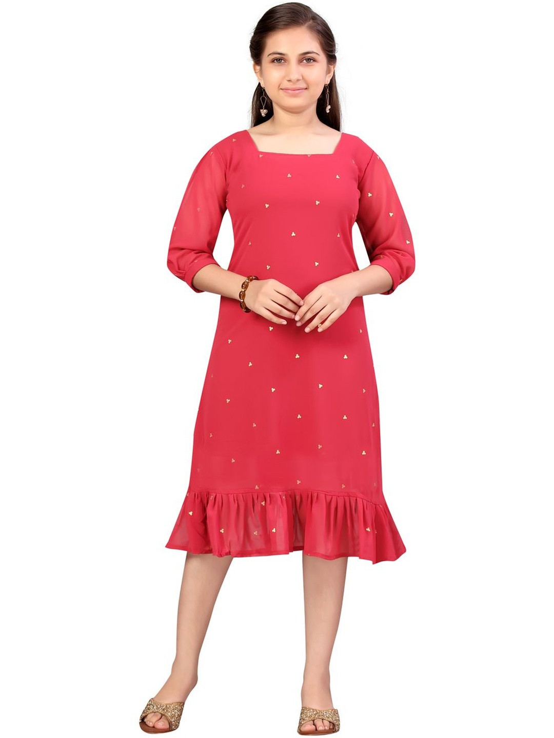 Muhuratam Girls Embroidered Sequined Square Neck Georgette Midi Shift Dresses