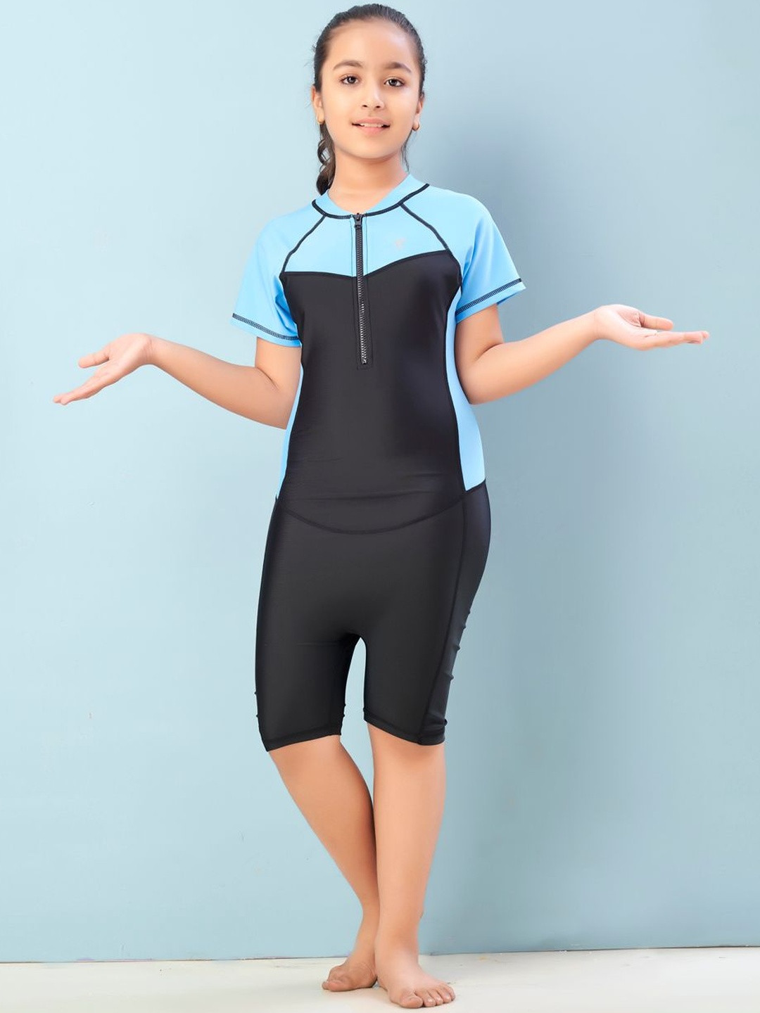 Muhuratam Girls Sports Wear Black-Sky Blue Colour Solid Nylon Swim Suit