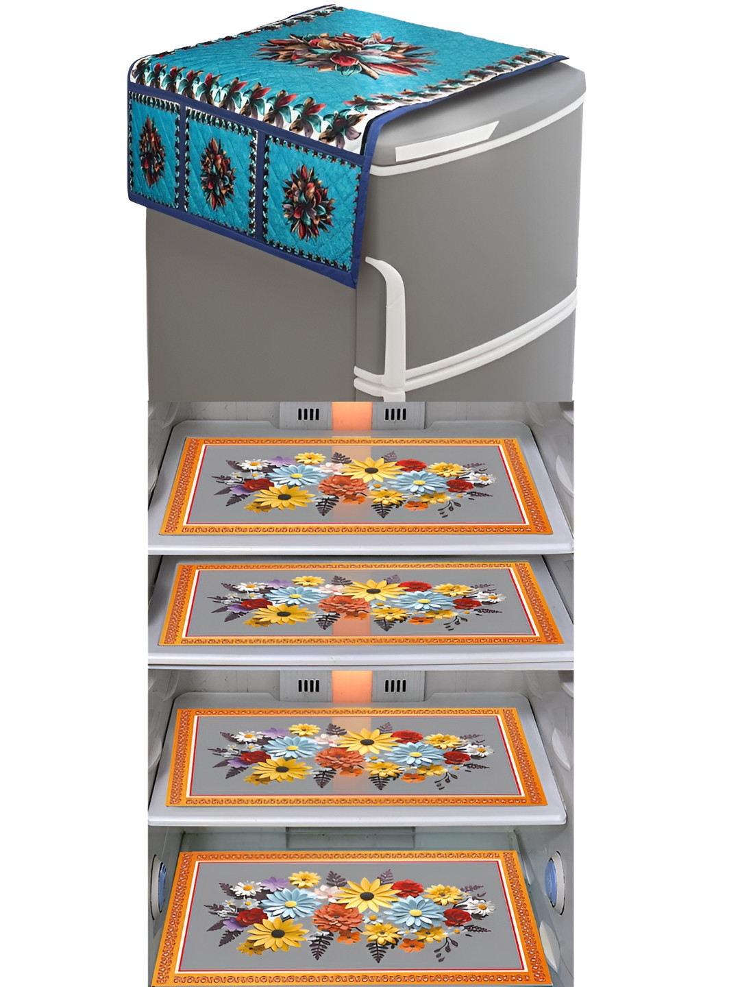 Dakshya Industries Blue & White 5 Pieces Floral Printed Plastic Fridge Covers