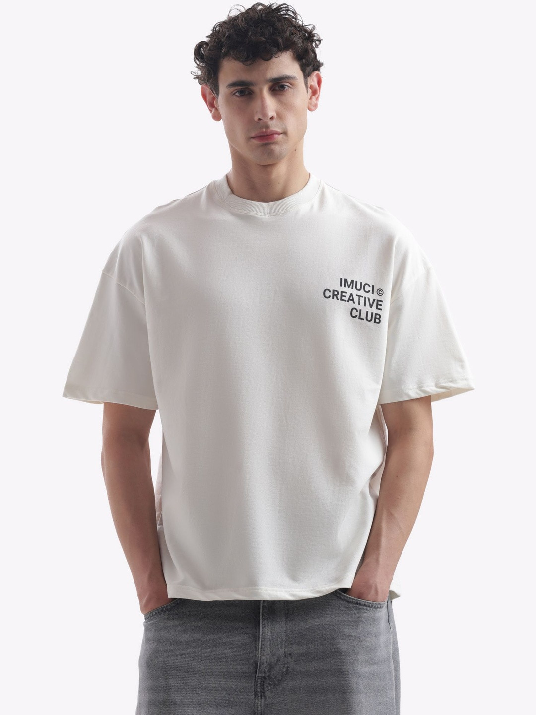 IMUCI Men Typography Printed Round Neck Cotton Oversized T-shirt