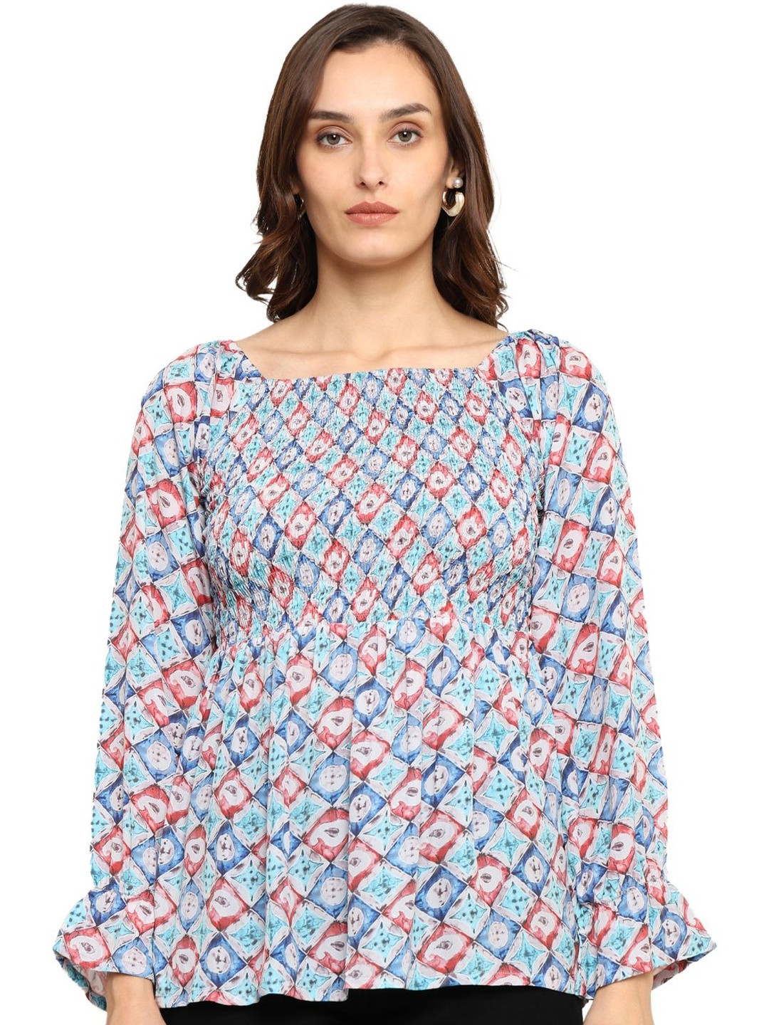 KALINI Women's Women Full Sleeve Square Neck printed Peplum Top