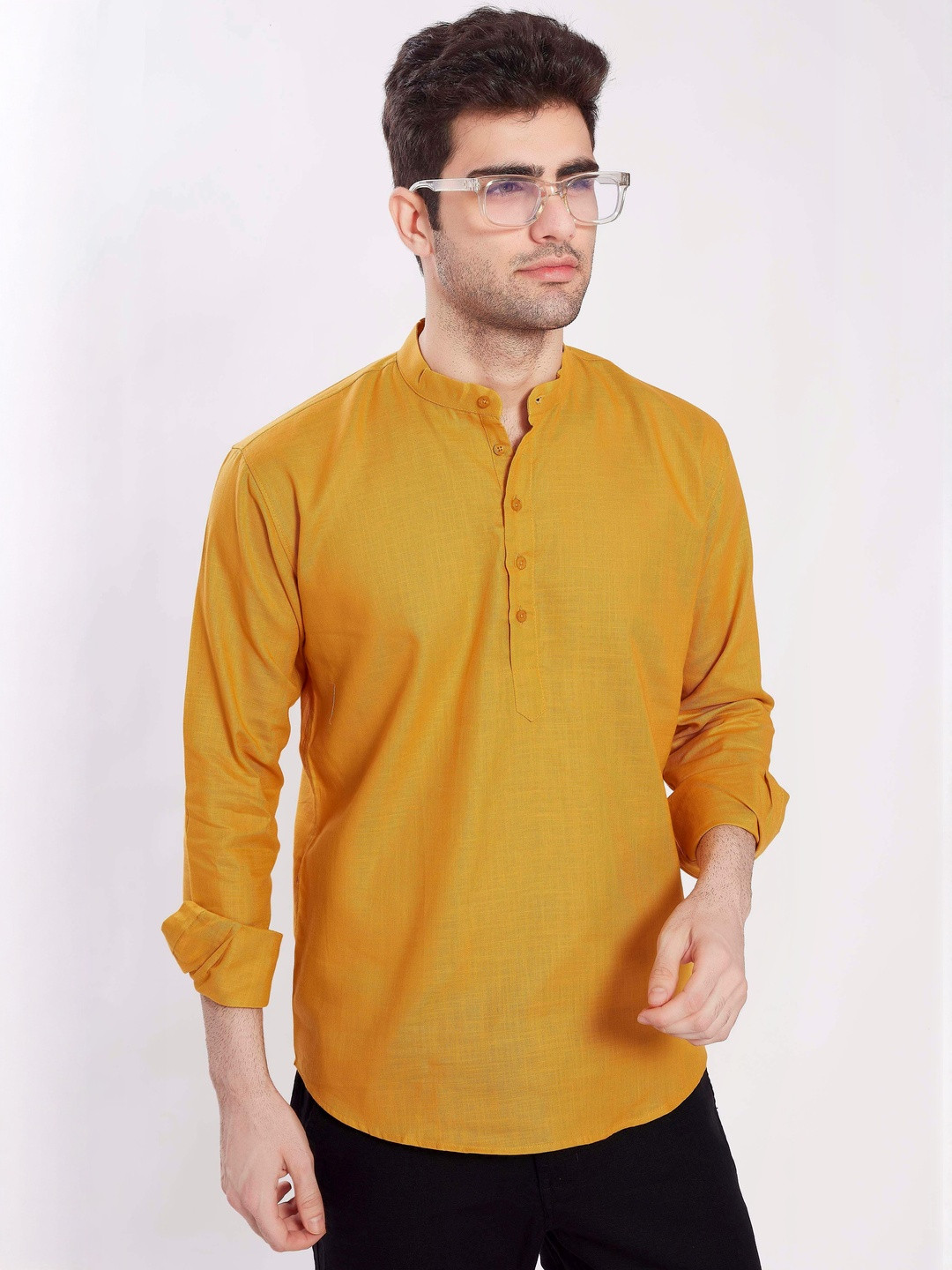 PulseIQ Mandarin Collar Long Sleeves Cotton Straight Short Kurta