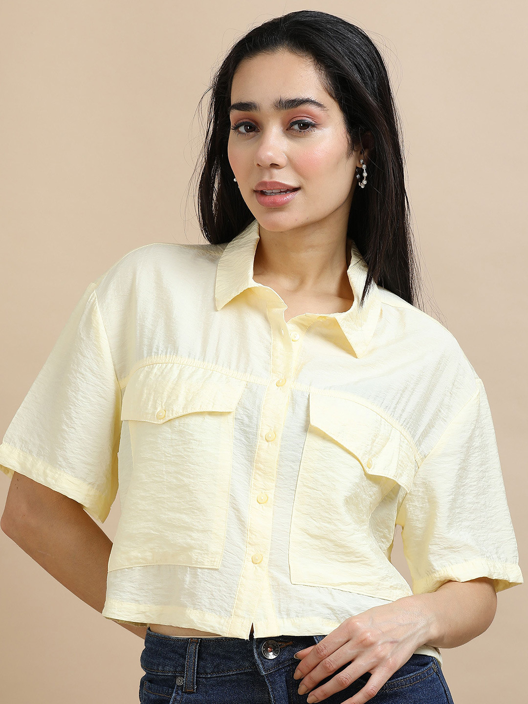 GLAM & CHIQUE Women's Relaxed Fit Textured Cropped Shirt with Flap Pockets