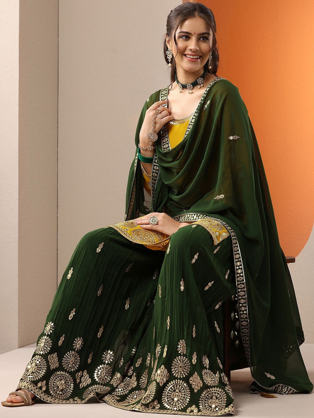 Libas Art Women Ethnic Motifs Embroidered Kurta with Sharara & Dupatta
