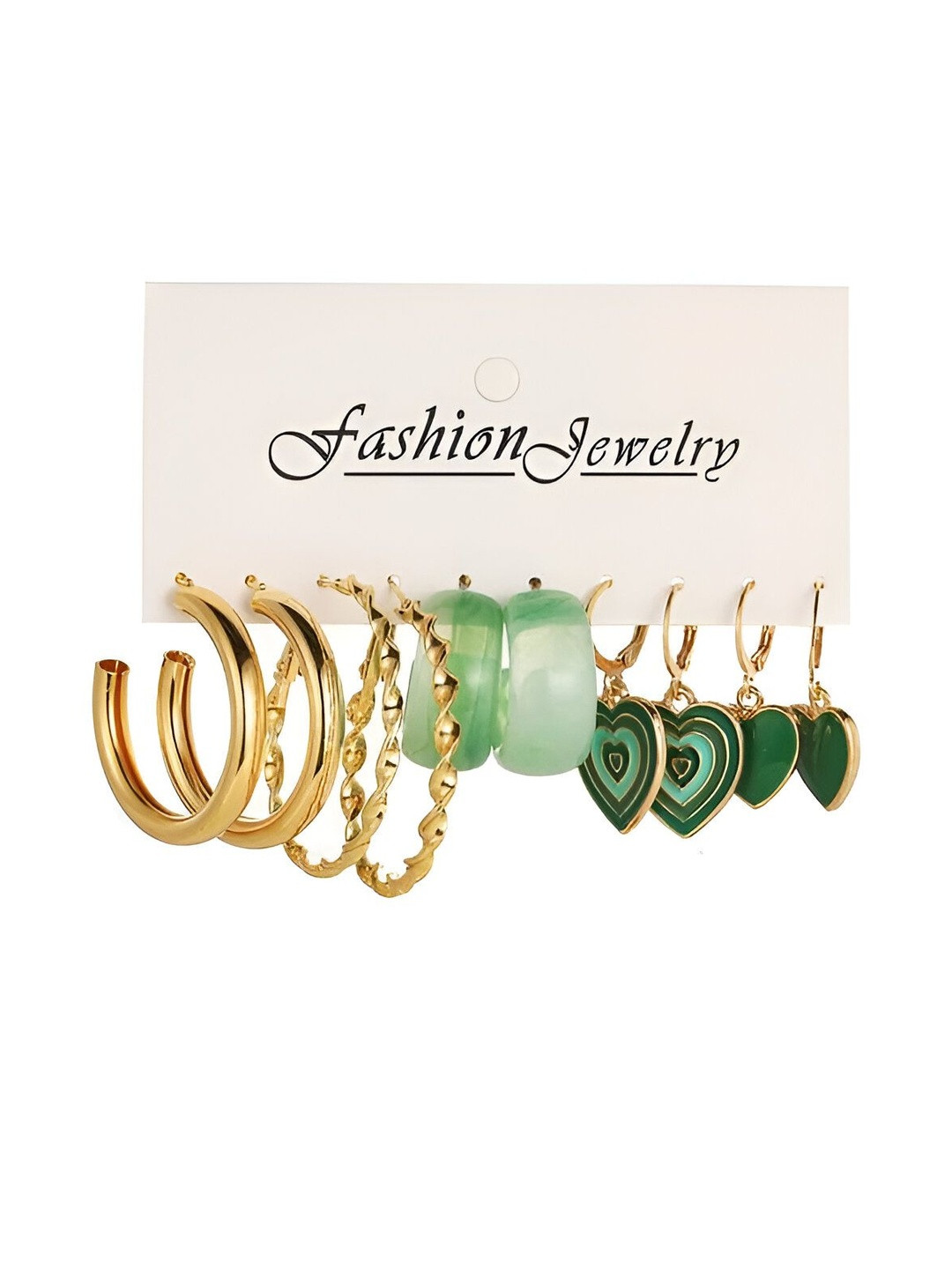 Green & Gold Korean Earrings Set | Trendy Combo of 5 Vibrant Fashion Jewellery & Girls