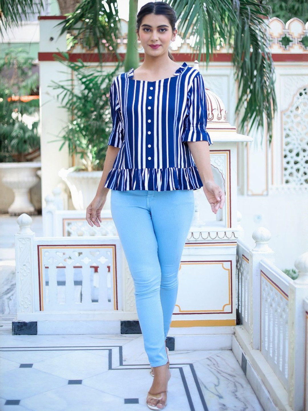 KALINI Women's Stripe Printed Ruffle Top (Blue)