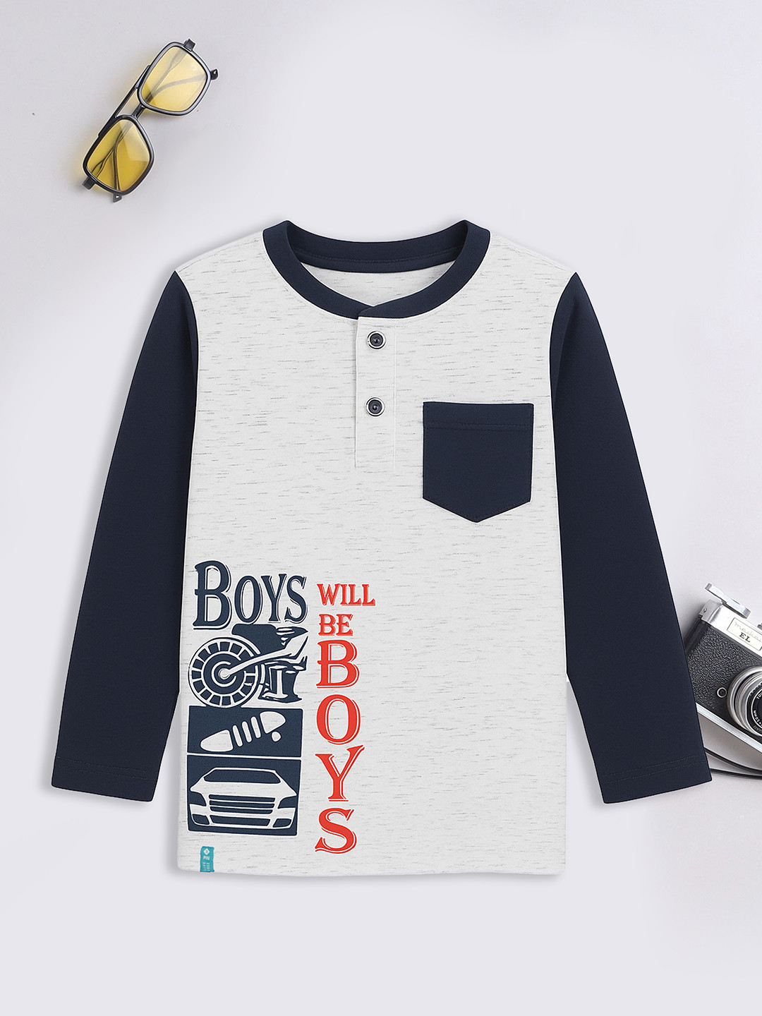3PIN Boys Typography Printed Henley Neck Cotton T-shirt