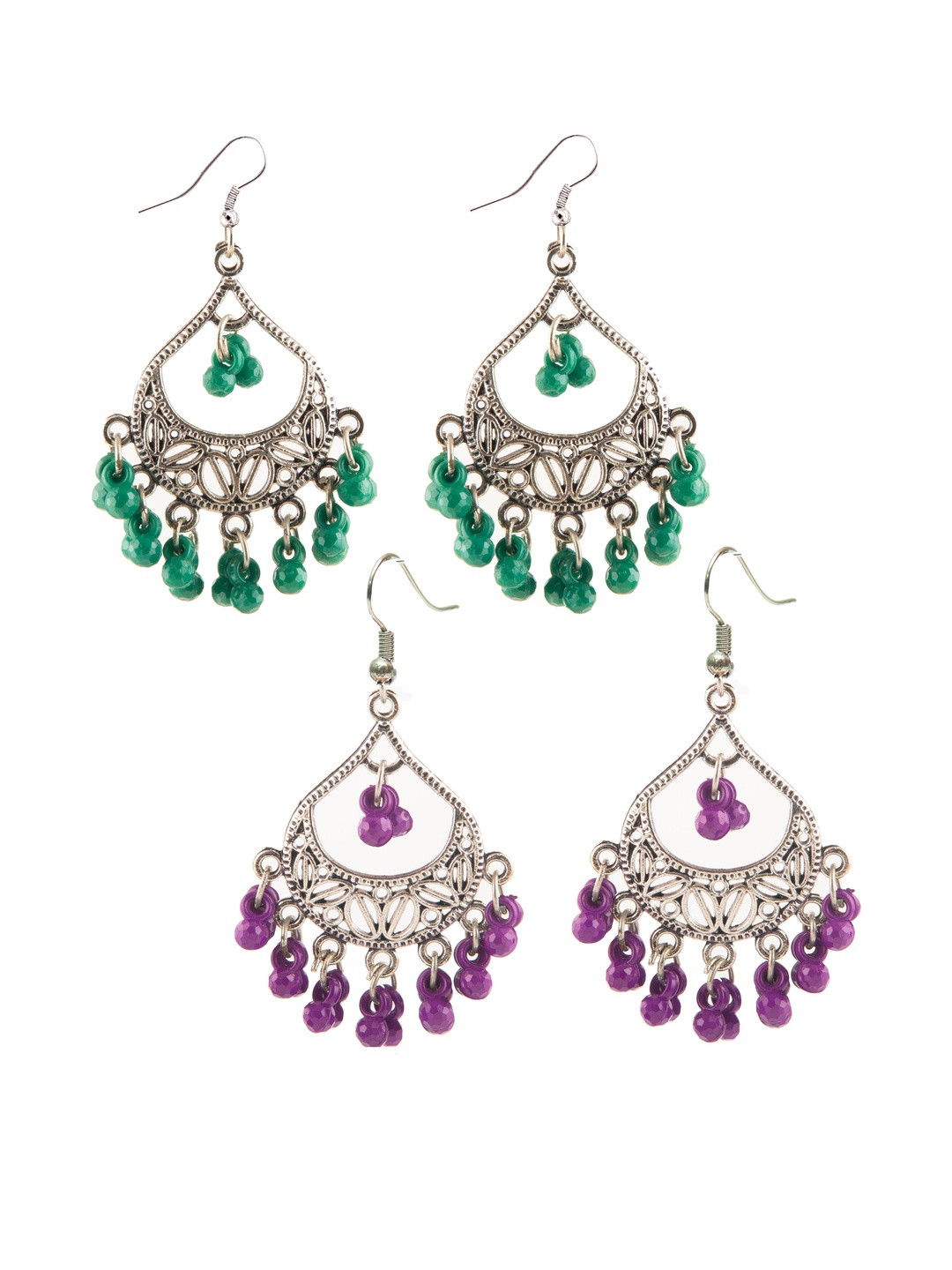 Combo Oxidized Silver-Toned Drop Earrings with Purple & Dark Green Beads & Girls