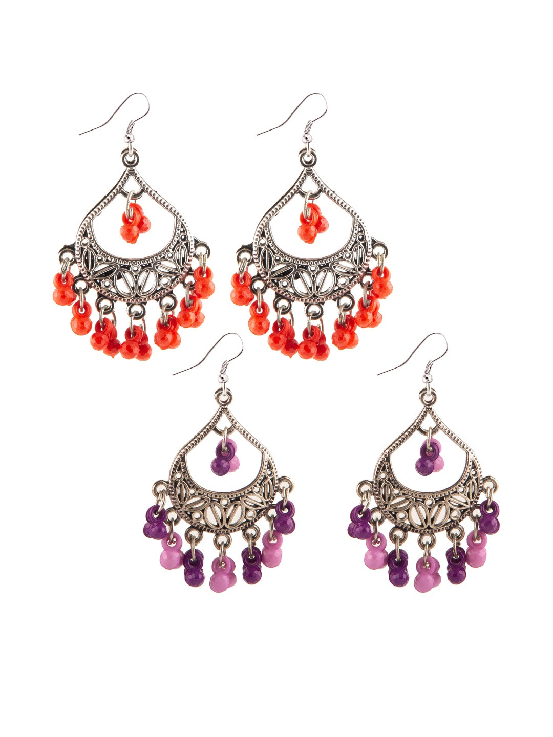 Set of 2 Oxidized Silver-Toned Chandbali Earrings with Red & Purple Beads & Girls