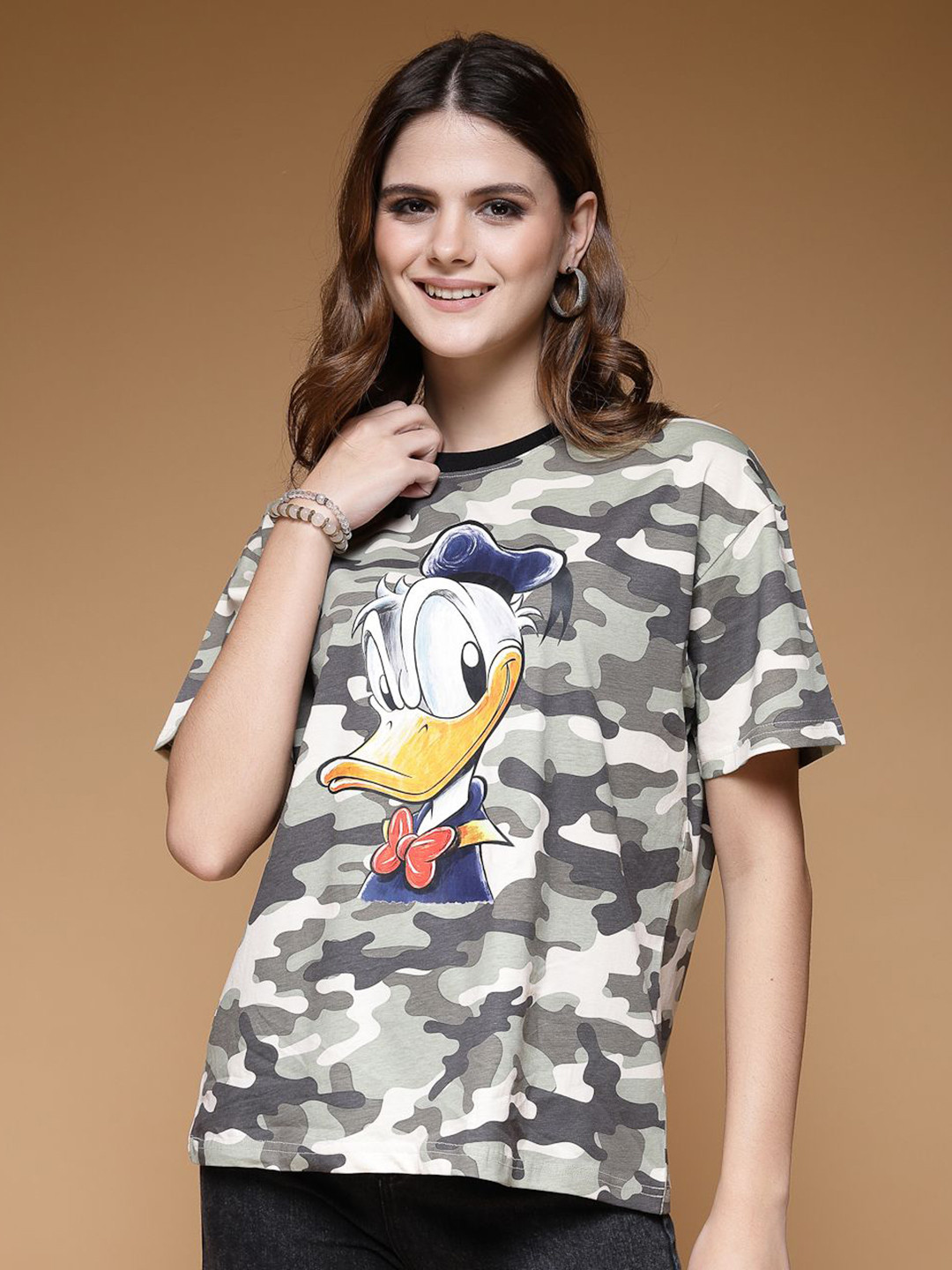 Mafadeny Women Donald Duck Camouflage Printed Round Neck T-shirt