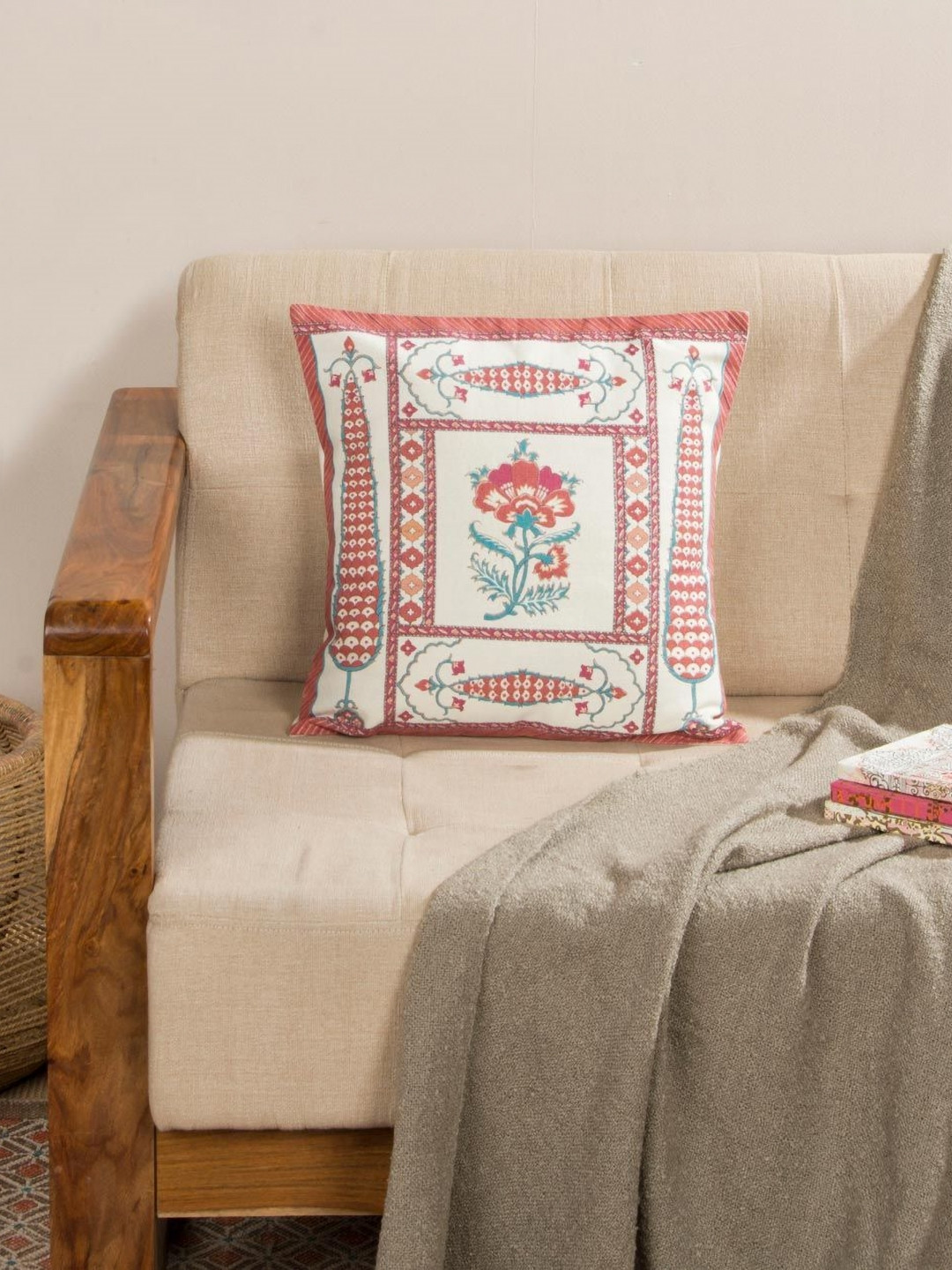 Fabindia Anar Pink & White Ethnic Motifs Printed Cotton Square Cushion Cover