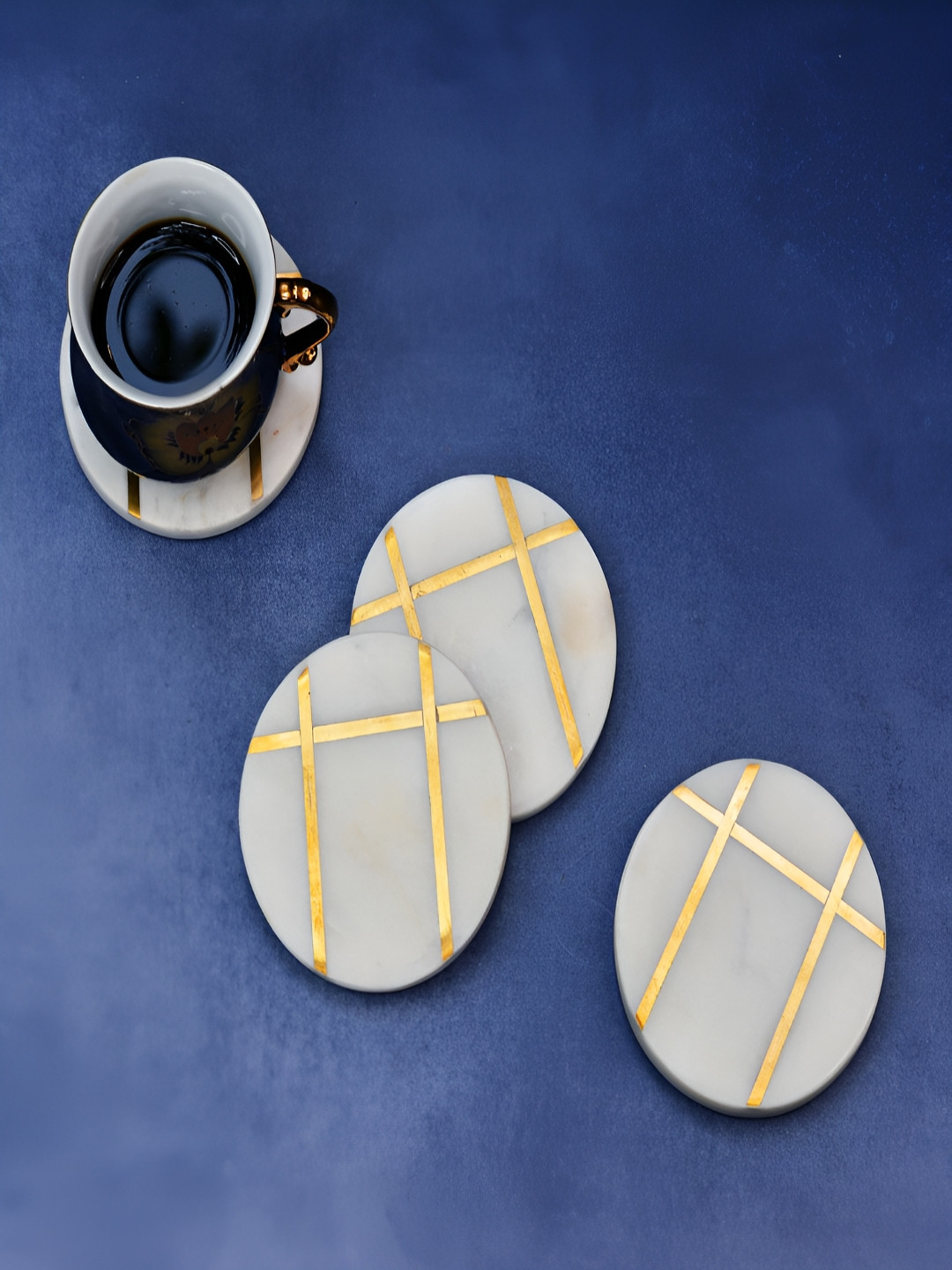 THE MOHRAJ Set Of 4 White & Yellow Marble Round Coasters