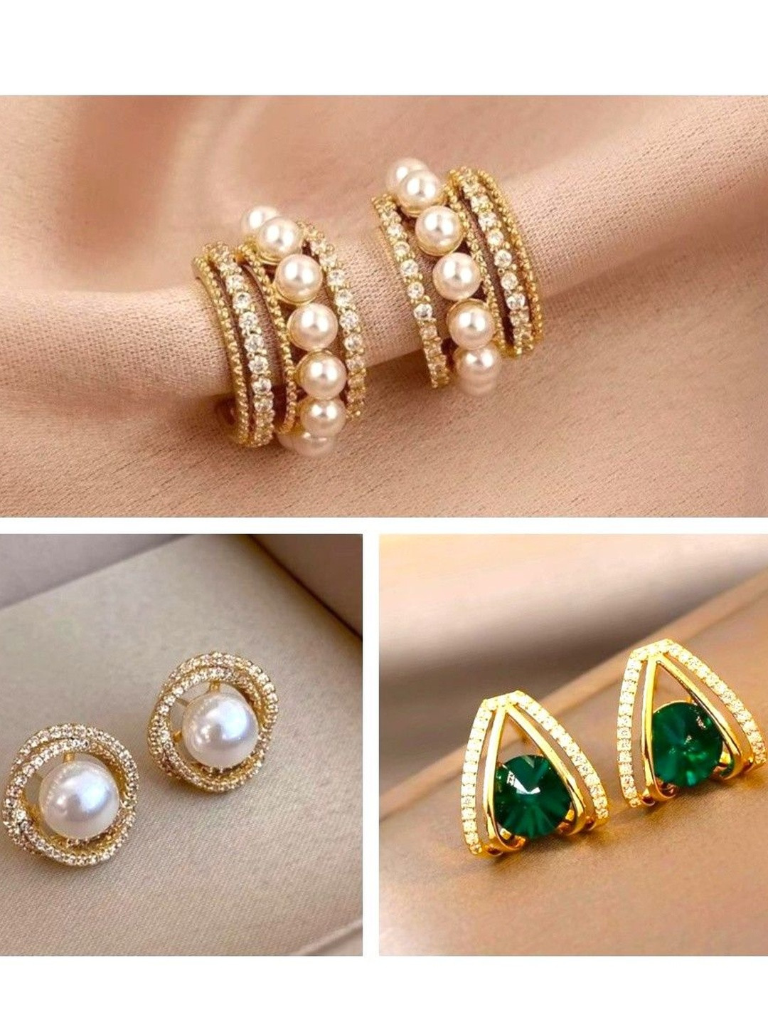 Tiso Pack of 3 Korean Stylish Gold Stone Earrings for Women Girls Light Weight Fancy