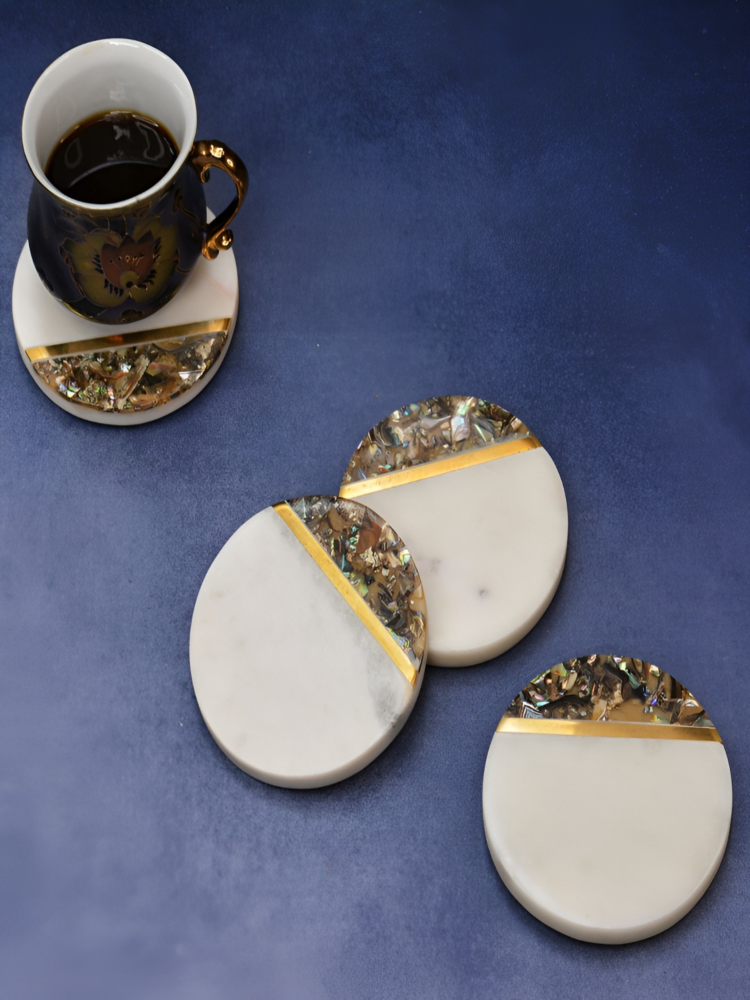 THE MOHRAJ 4 Pieces White & Yellow Marble Round Coasters