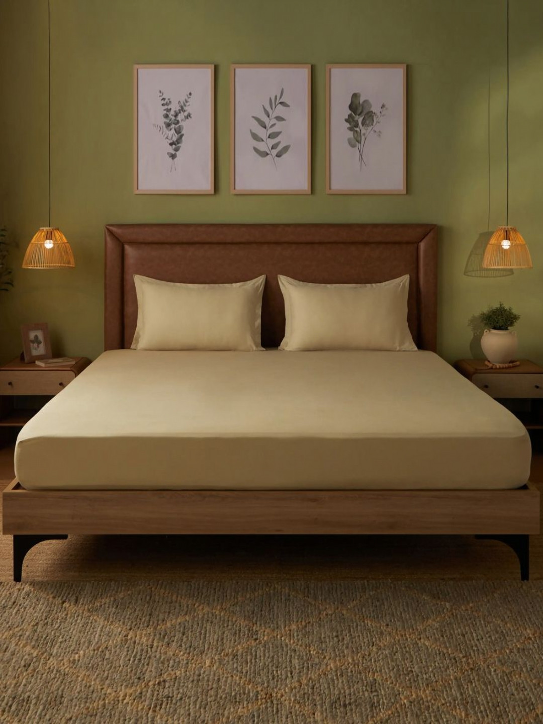 LIVSPACE Paleto Beige Pure Cotton 144 TC Double Queen Bedsheet Set-2.54 m X 2.29 m