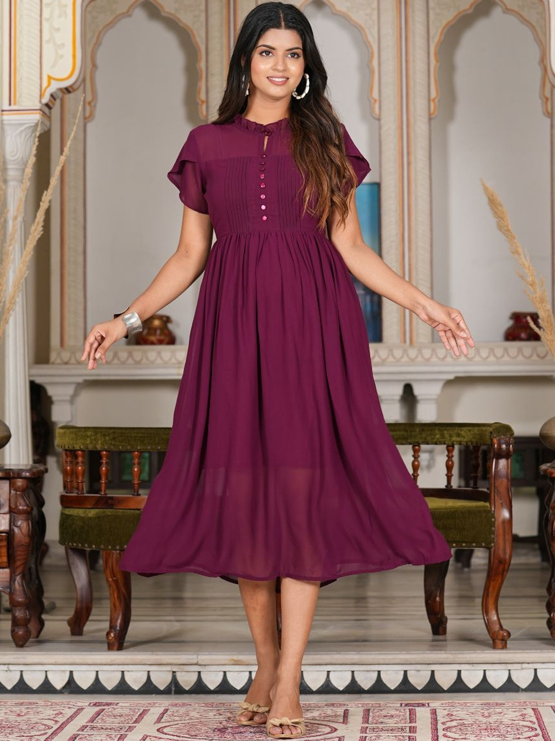 KALINI Women's Wine Pleated Georgette Anarkali Dress (Wine)