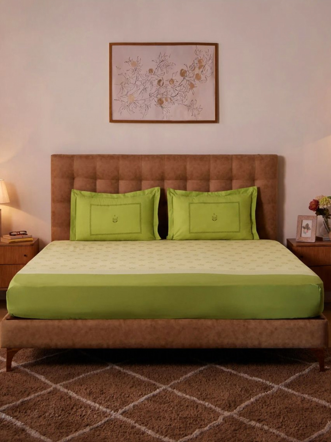 LIVSPACE Green Chippa Lane Floral Printed Cotton Fitted 144TC King Bedsheet 1.98M X 1.82M