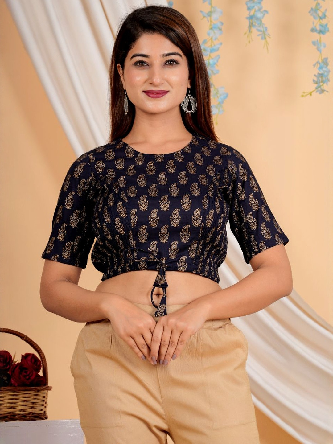 KALINI Cotton Golden Floral Buti Printed Blouse