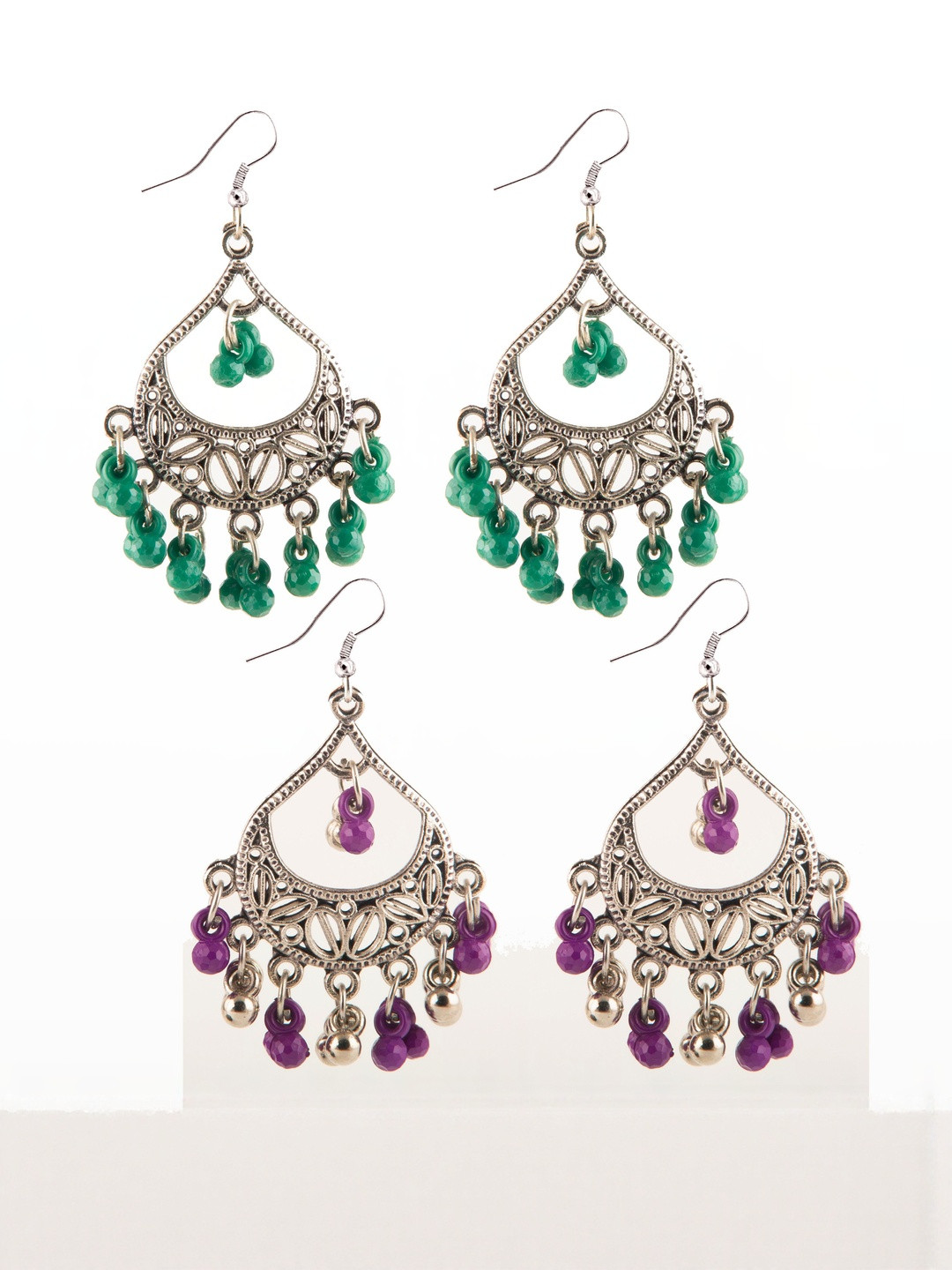 Creative Frogs Women Set of 2 Oxidized Silver-Toned Chandbali Earrings with Silver Beads