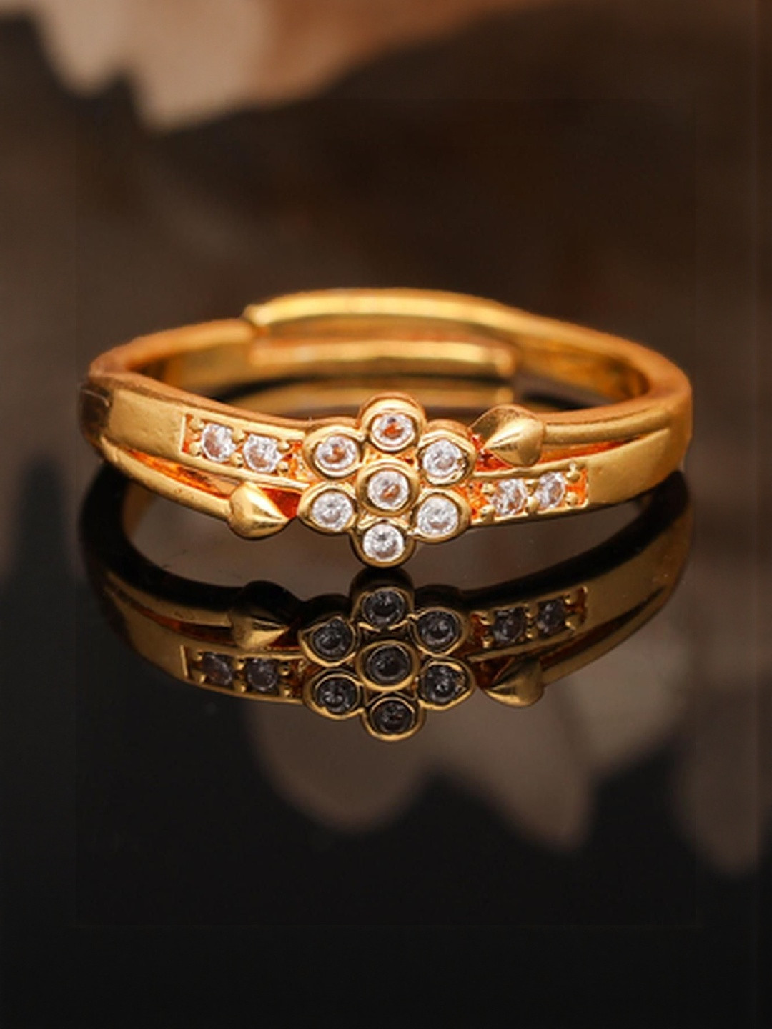 Anouk Gold-Plated Floral Design American Diamond Studded Adjustable Finger Ring