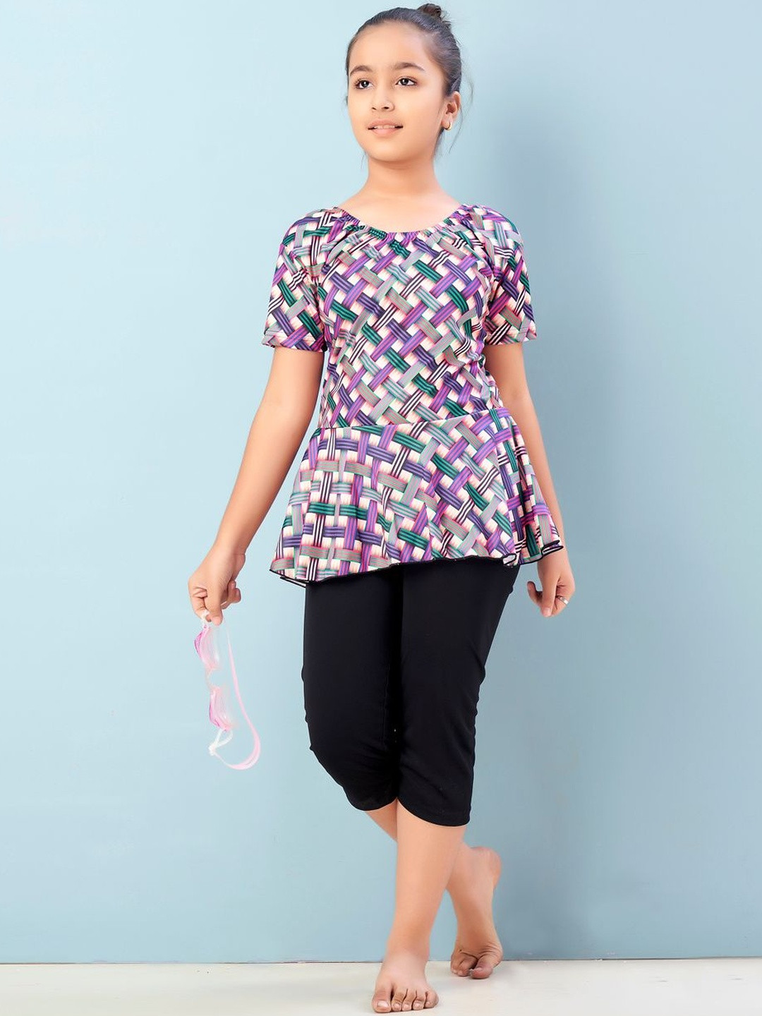 Muhuratam Girls Sports Wear Fawn-Purple Colour Check Print Nylon Swim Suit