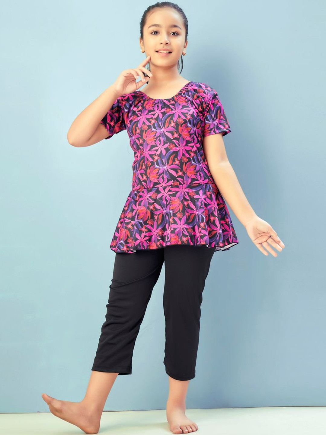 Muhuratam Girls Sports Wear Rani-Black Colour Floral Print Nylon Swim Suit