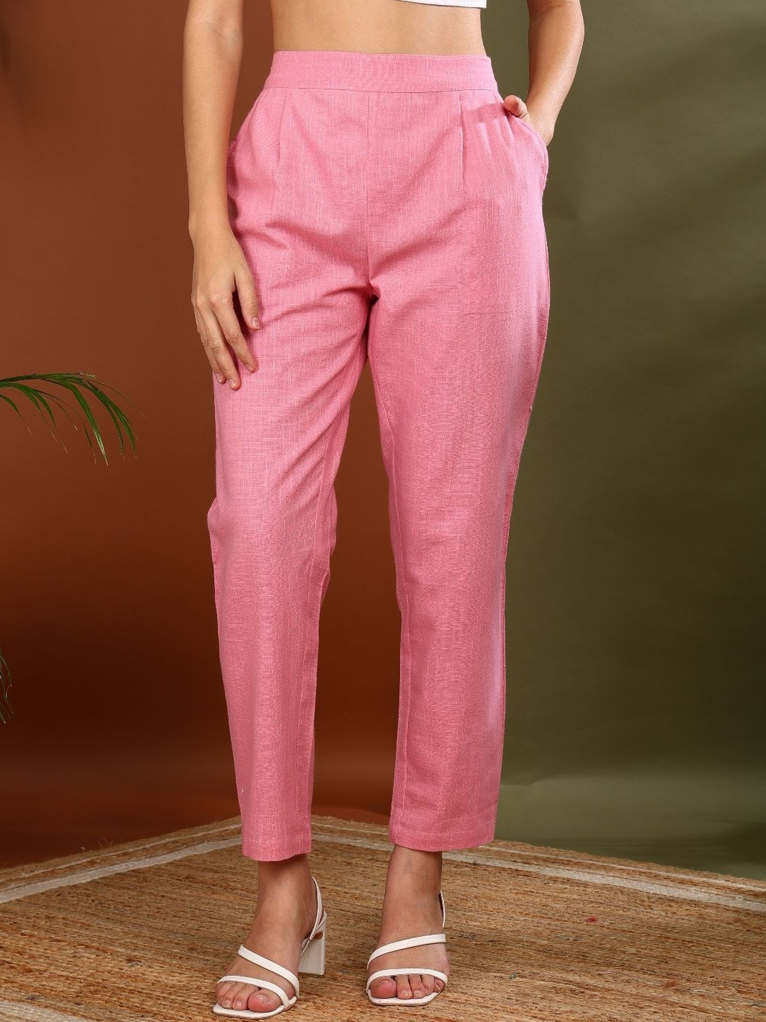 KALINI Women's Cotton Slub Regular Fit Casual Trouser Pants with Pocket (Pink)