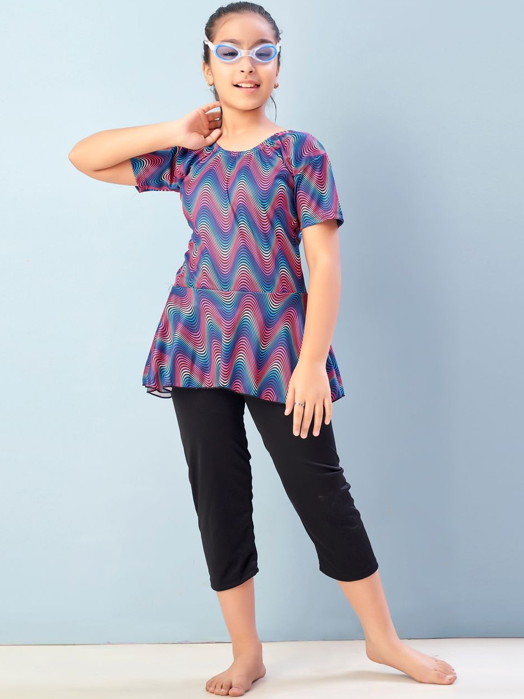 Muhuratam Girls Sports Wear Green Colour Abstract Print Nylon Swim Suit With Goggle