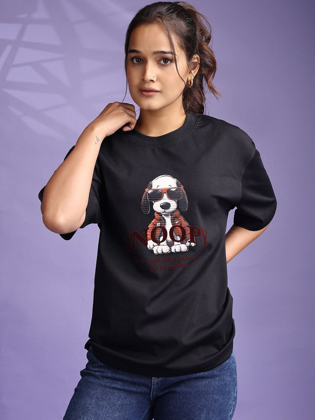 GIBBONTE Snoopy Printed Drop-Shoulder Sleeves Pure Cotton T-shirt