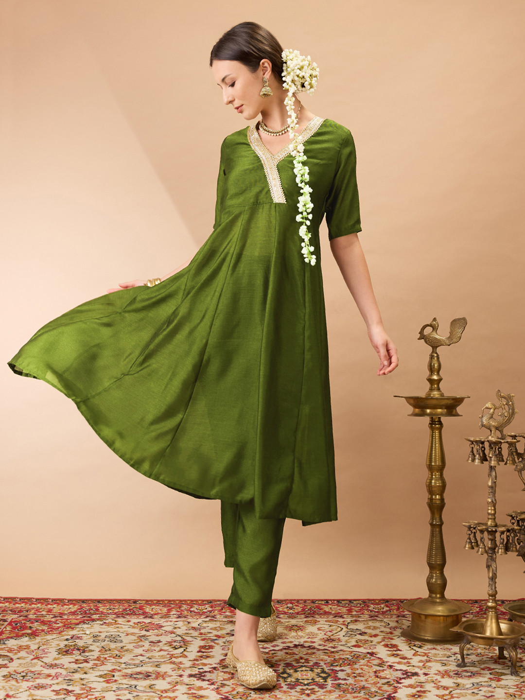 Globus Green V-Neck Lace Detailing Anarkali Kurta With Straight Pant Festive Set