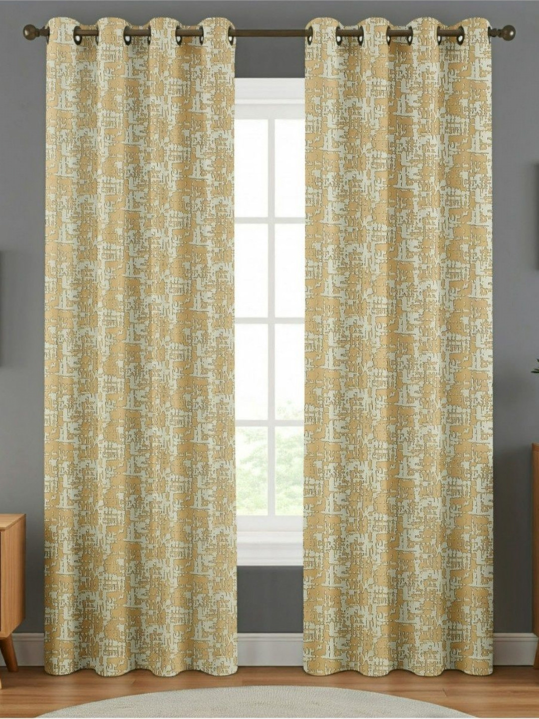 UrbanArts Gold-Toned & Beige 2 Pieces Abstract Room Darkening Long Door Curtains