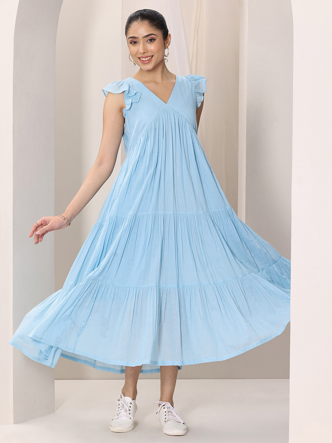 Libas Women Flutter Sleeve Tiered Cotton Empire Midi Dress