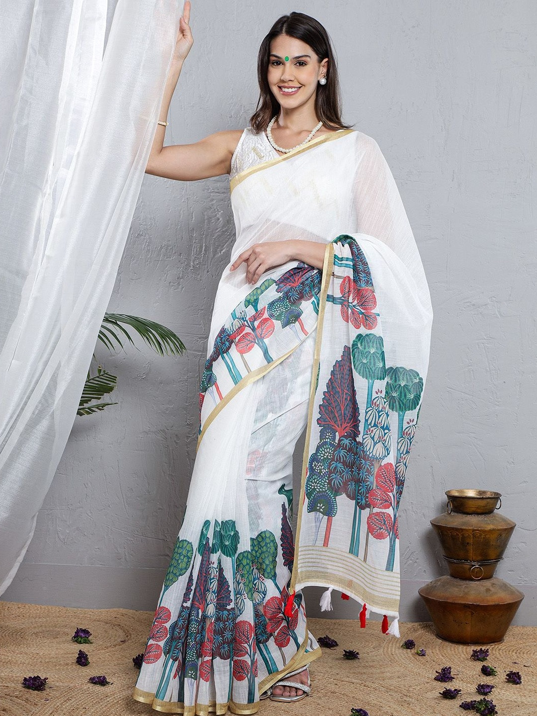 LABEL KASHI Digital Printed Pure Linen Saree With Latkan