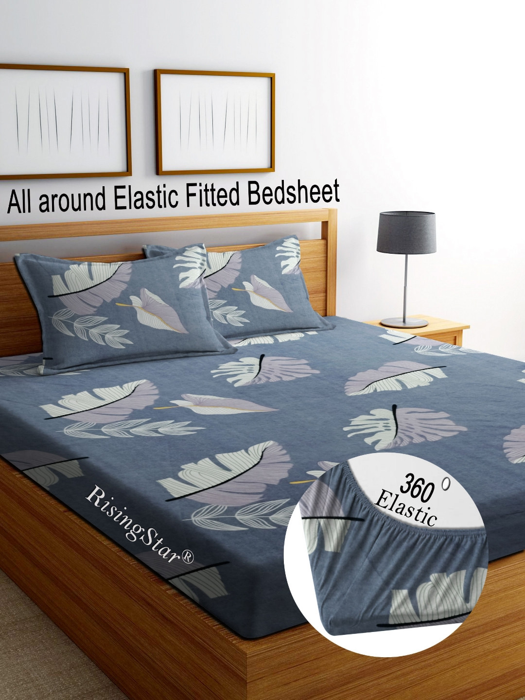 RISING STAR Grey & White Floral Printed 250 TC King Bedsheet With 2 Pillow Covers
