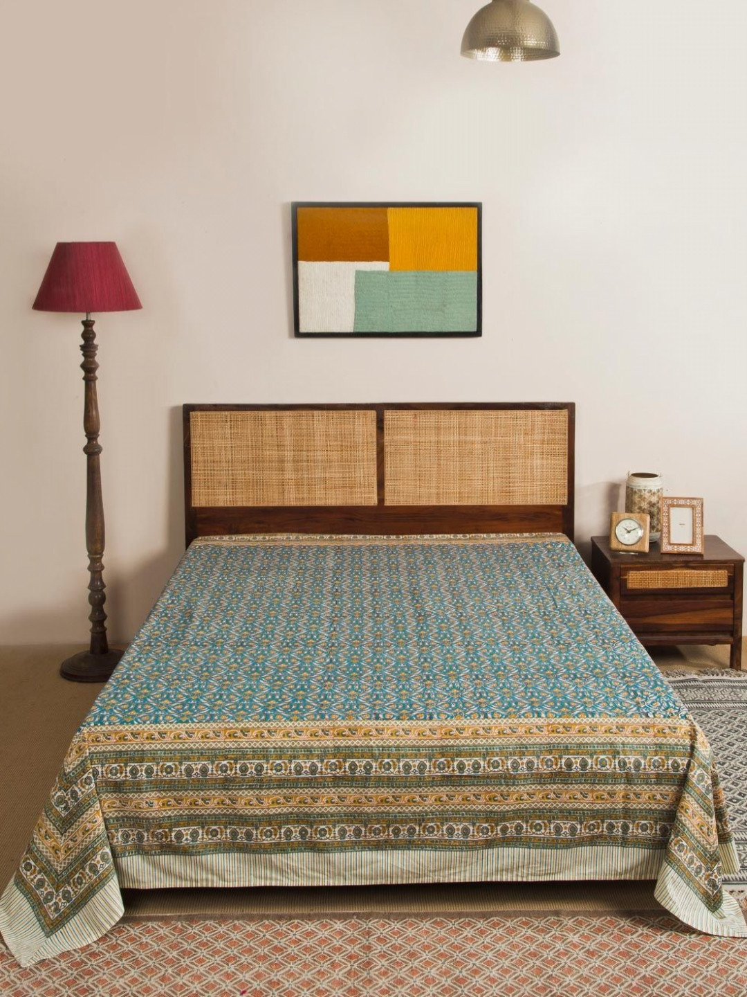 Fabindia Nafisa Teal Blue & Yellow Printed Cotton Double Queen Bed Cover