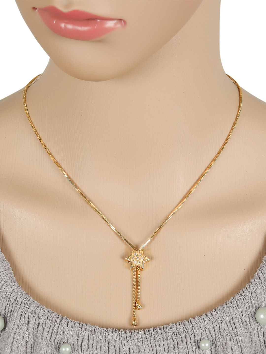 American Diamond and White Pearl  Layer Necklace Golden Satari Chain Pendant for Women and Girls