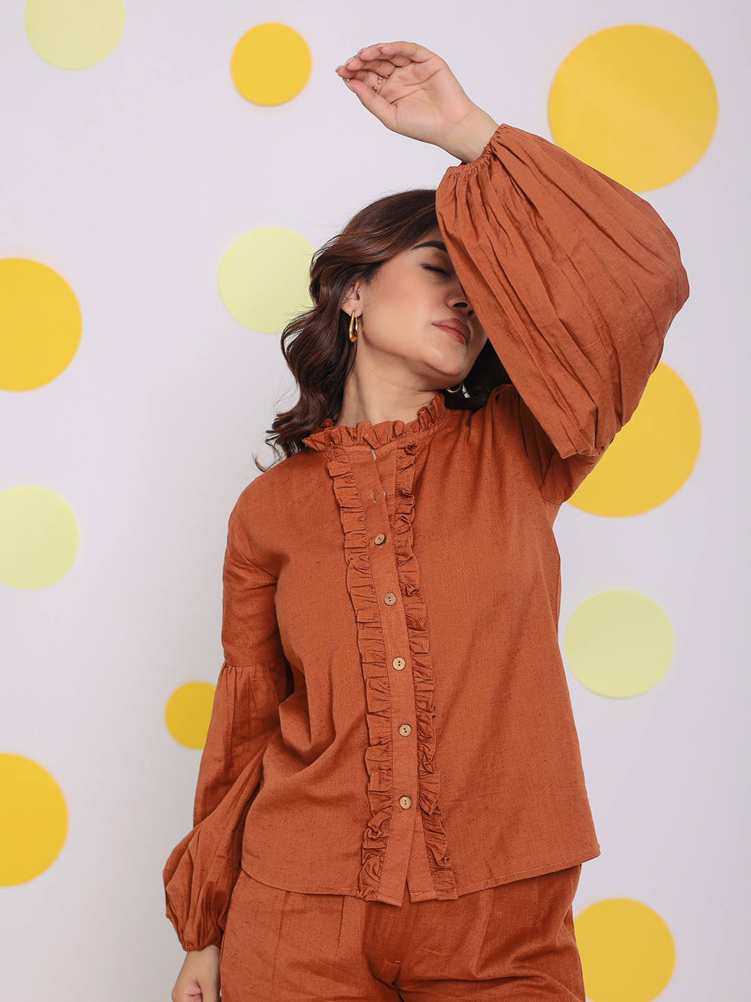 KAORI BY SHREYA AGARWAL Women Modern Mandarin Collar Solid Linen Casual Shirt