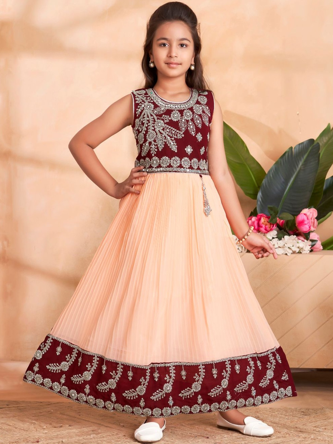 Muhuratam Girls Embroidered Round Neck Sleeveless Maxi Dresses