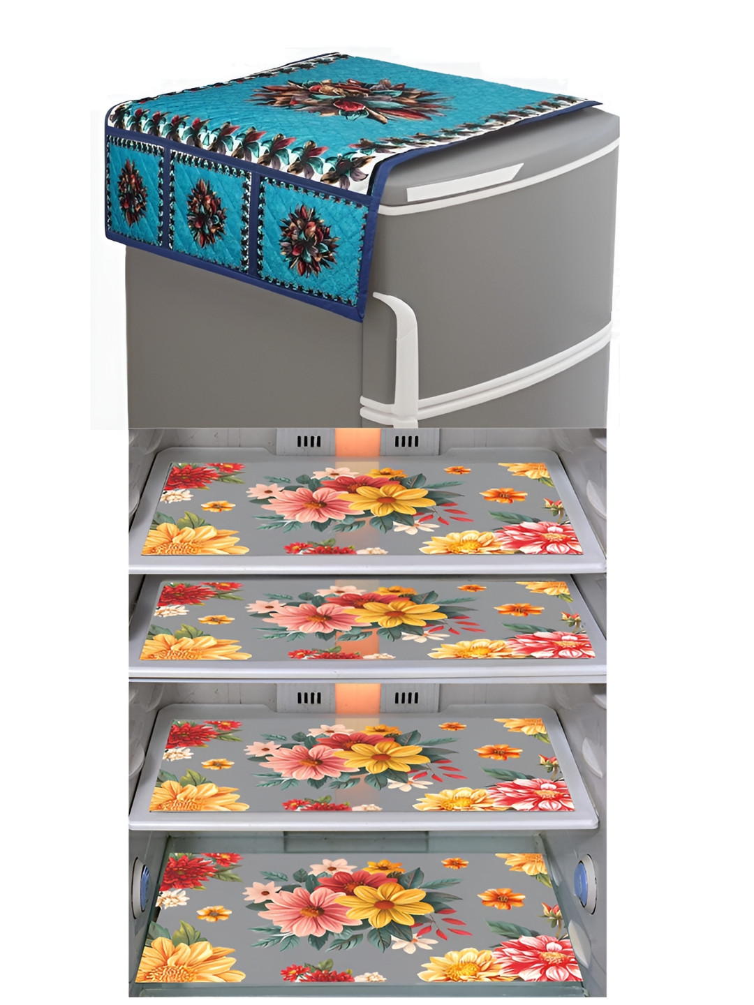 Dakshya Industries Blue & White 5 Pieces Floral Printed Plastic Fridge Covers