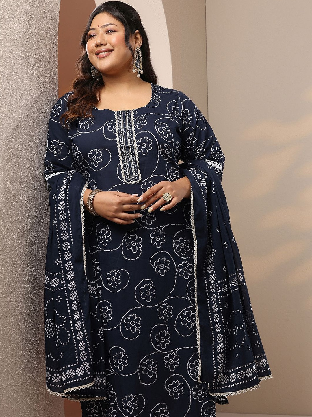 EXTRA LOVE BY LIBAS Bandhani Printed Square Neck Straight Kurta With Trousers & Dupatta