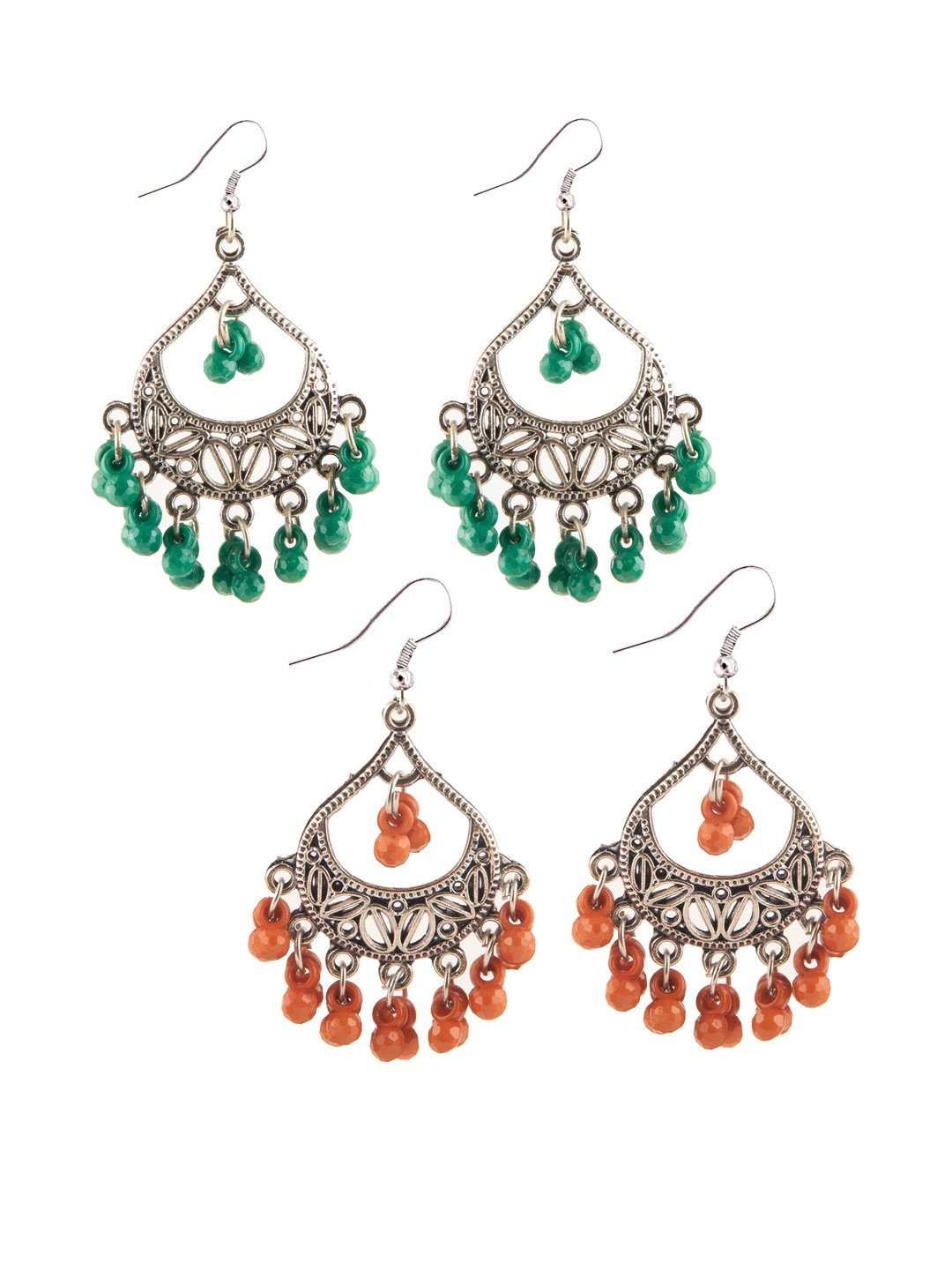 Set of 2 Oxidized Silver-Toned Chandbali Earrings with Green & Brown Beads & Girls