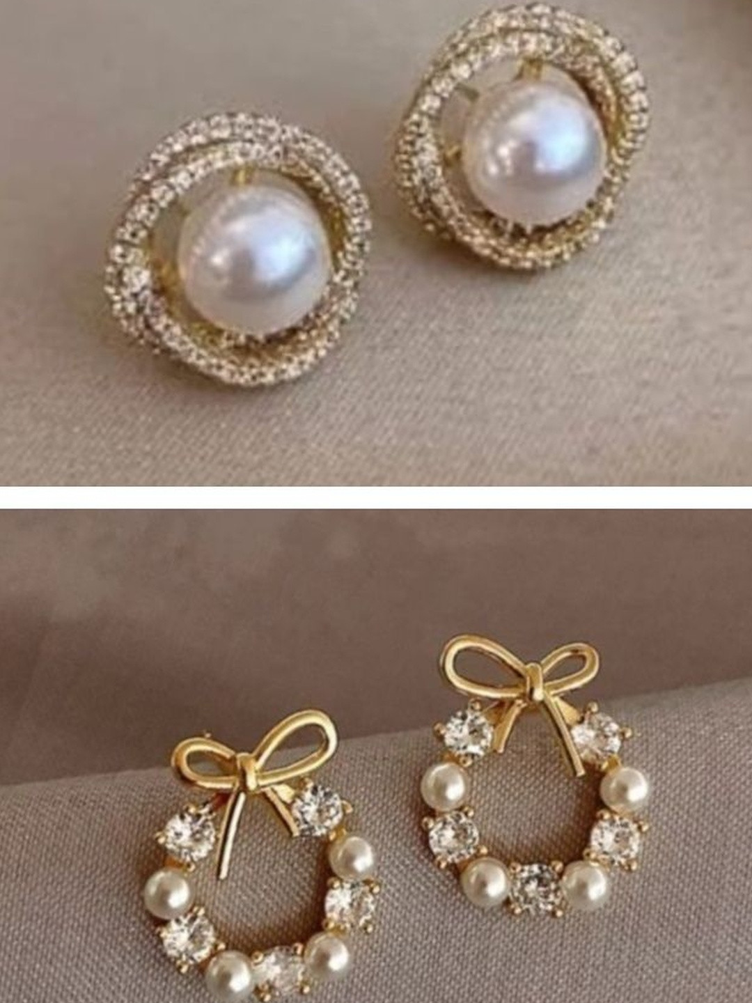 Tiso Women Set of 2 Classic Studs Tops Gold Stone Pearl Earrings