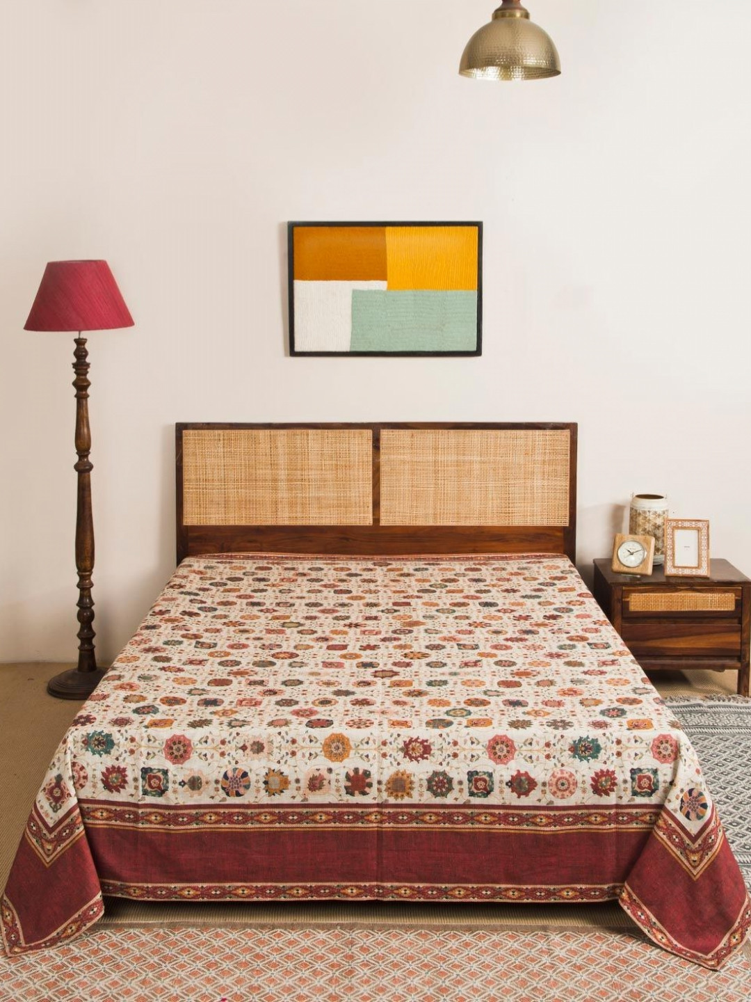 Fabindia Zahara Beige & Maroon Motifs Printed Cotton Double Queen Bed Cover