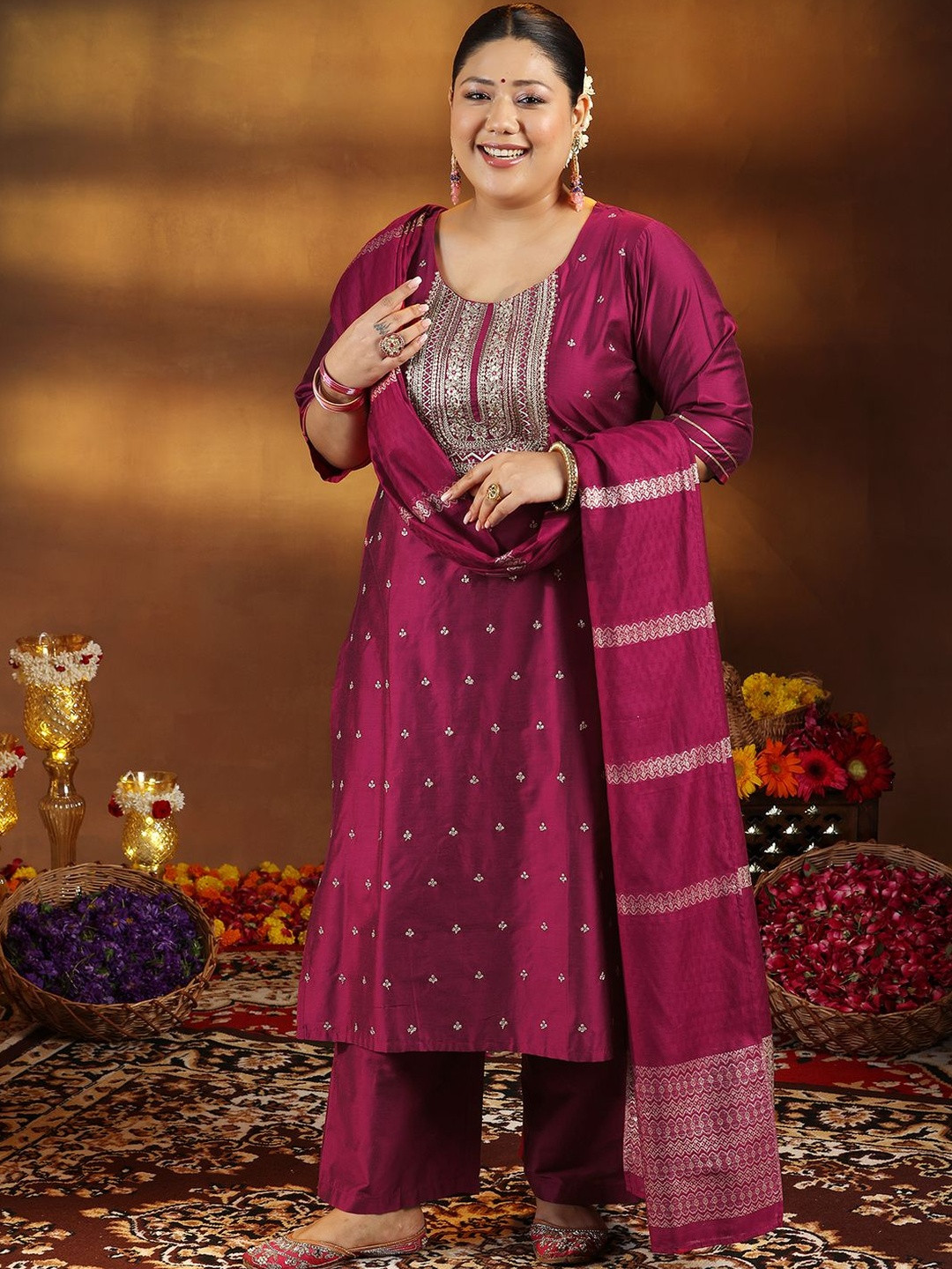 EXTRA LOVE BY LIBAS Women Embroidered Regular Thread Work Kurta with Trousers & Dupatta