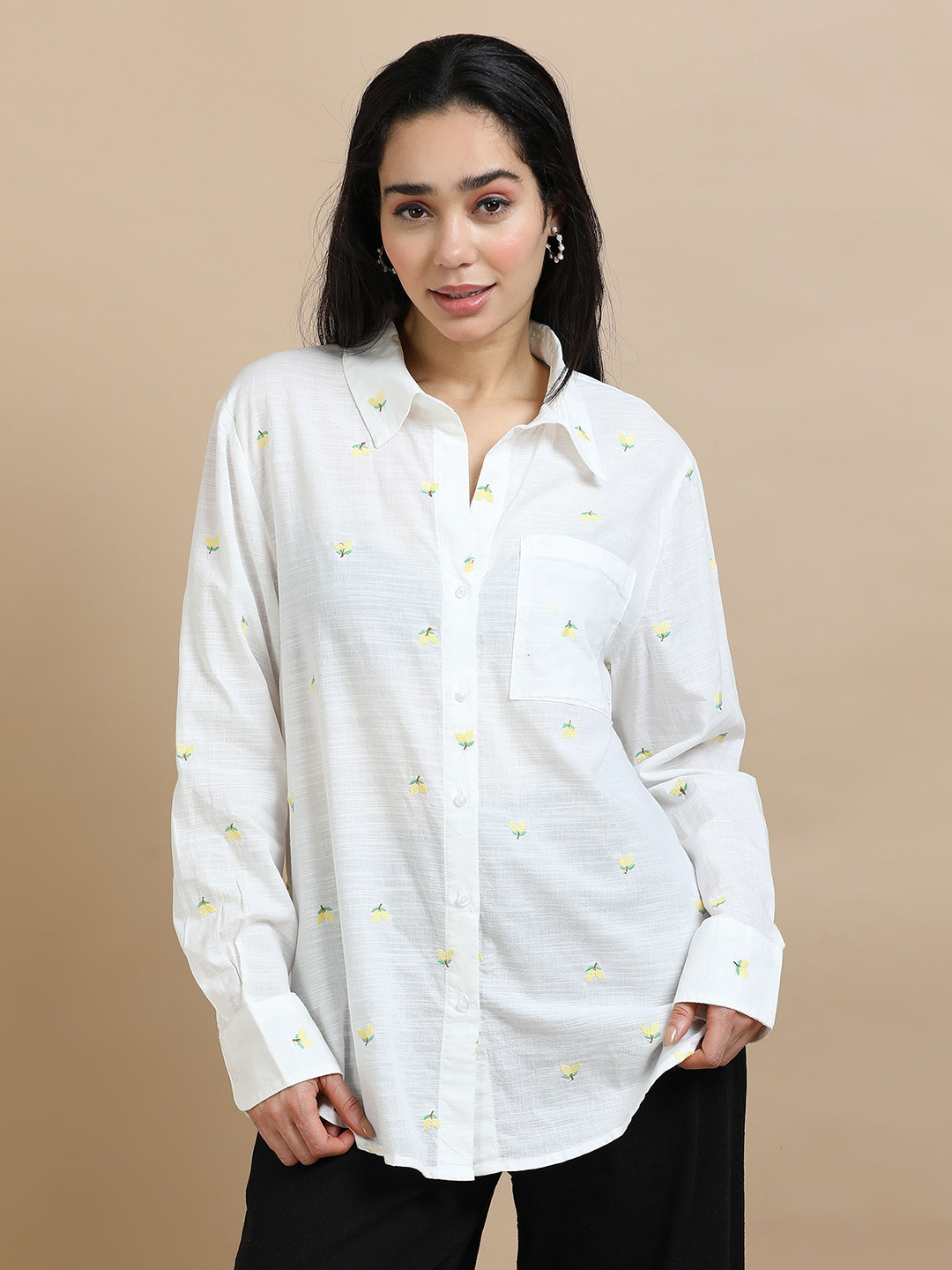 Glam & Chique Women's Pure Cotton Relaxed Fit Embroidered Spread Collar Casual Shirt