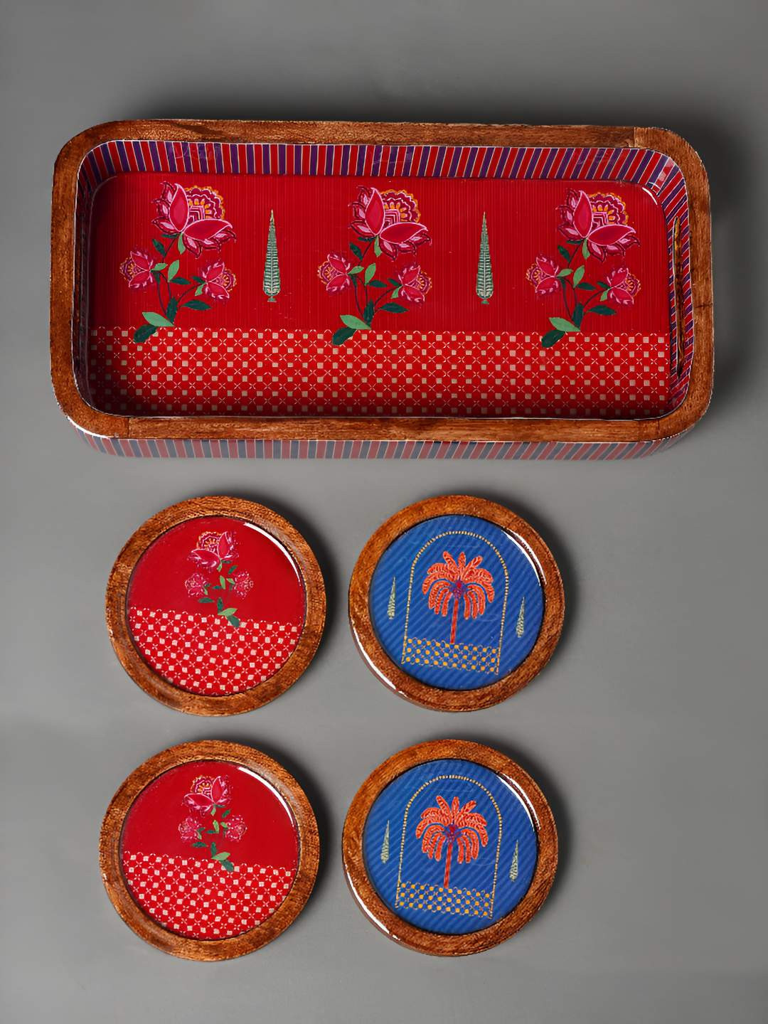JAYPORE Maroon MDF 5 Pieces Easy to Clean Serving Tray