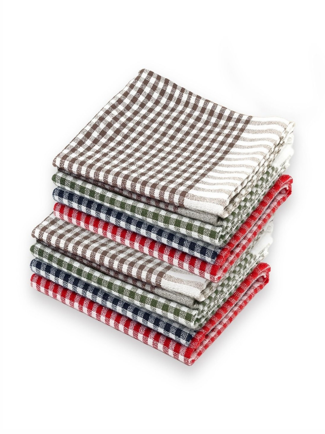 LINENSUTRA Brown & Green 8 Pieces Checked Pure Cotton Kitchen Towels
