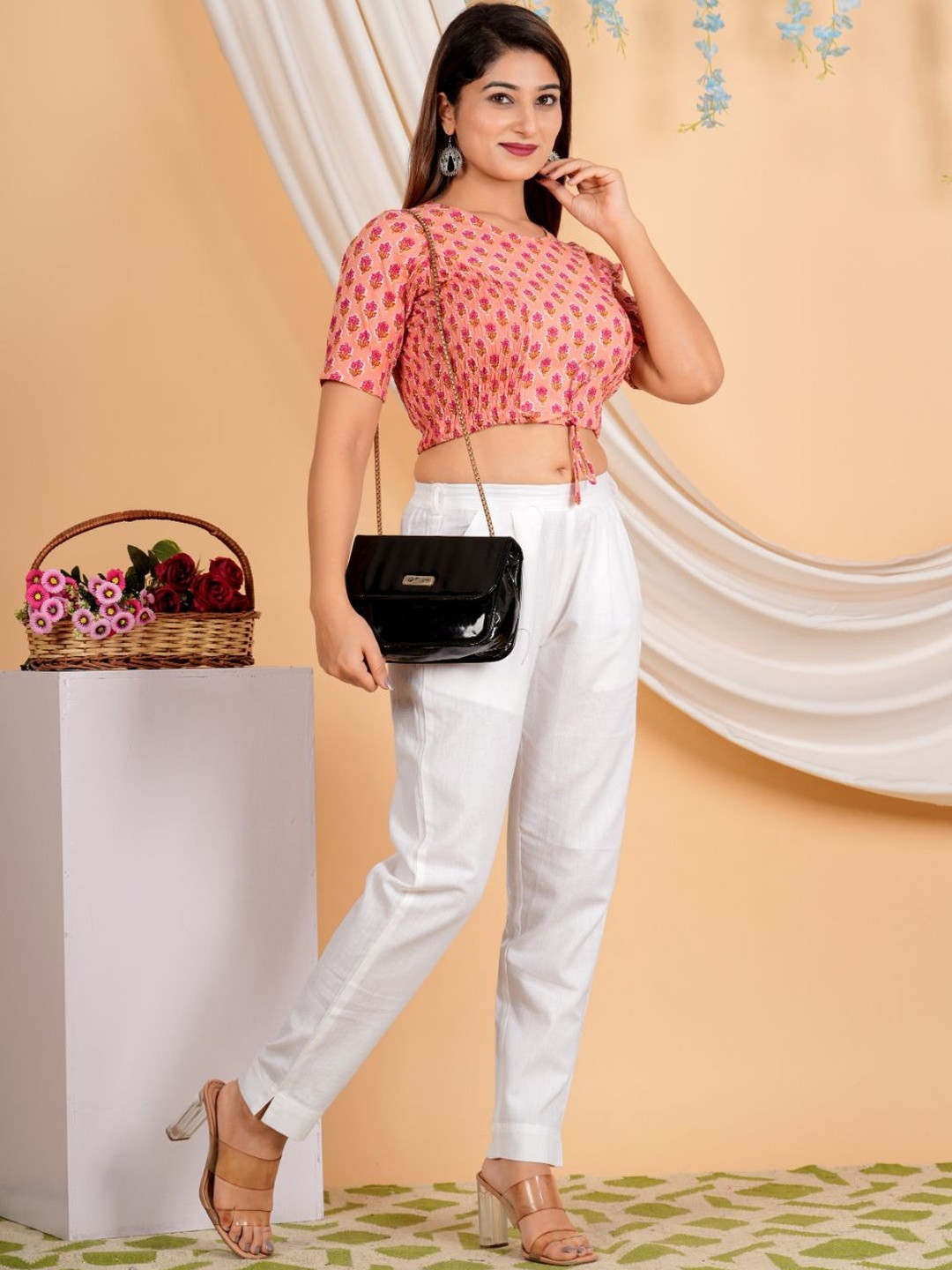 KALINI Women's Cotton Floral Printed Regular Blouse (Pink)